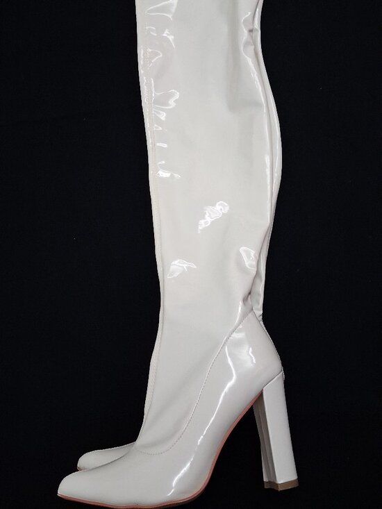 Shoes - WSKEISP White Patent Thigh High Boots Size EU 39 US 8.5-9 High Block Heel